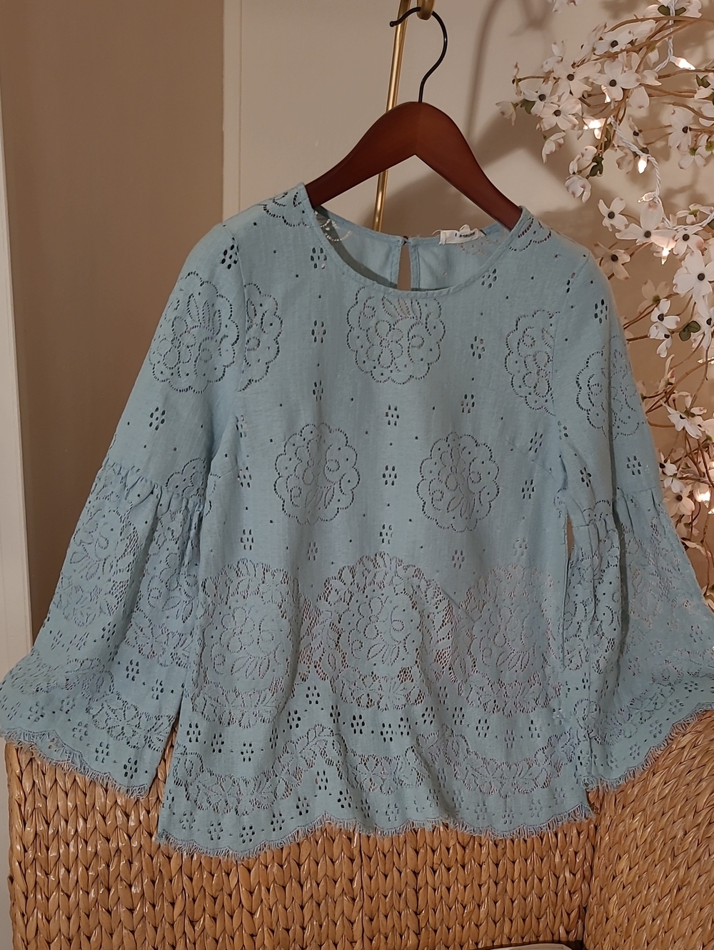 Women’s Light Blue Eyelet Lace Bell Sleeve Top